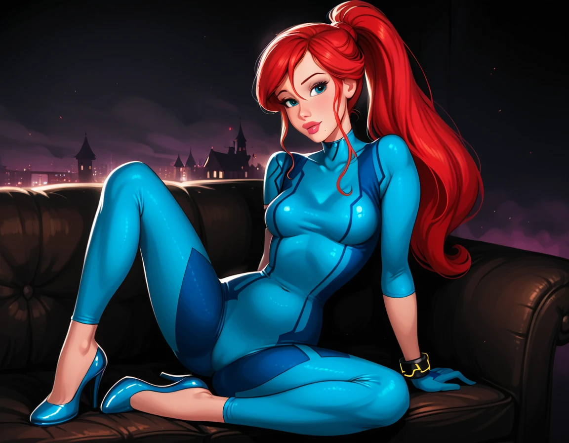 score_9, score_8_up, score_7_up, rating_questionable, epiCPhoto, 1girl, solo, very sexy (Disney's Ariel, ar_el, fair skin, red hair, ponytail, bangs:1.4), beautiful waifu, wearing (Samus Aran costume, blue bodysuit, zero suit, full bodysuit, full coverage, arms covered, shoulders covered, feet covered, ankles covered, bracelet, gloves, skin tight, heels:1.1), long legs, confident, flirt, gaze, sexy look, cute smile, head tilt, filled lips, thick lips, sitting on large sofa, in the living room, model pose, modelling shoot, elegant, glamorous, beautiful modern apartment, city living, (Halloween theme:1.3), night, dark, dimly lit, expressiveh d4rk01l, perfect hands, perfect proportions.