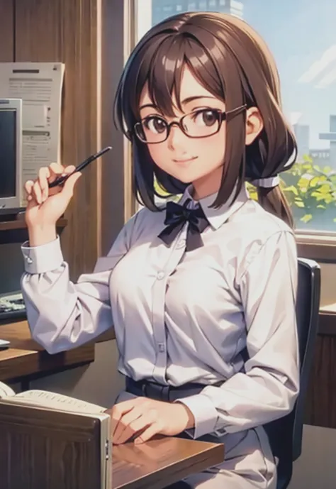 a normal office lady,glasses,long hair,brown hair,small breasts,one woman,smile