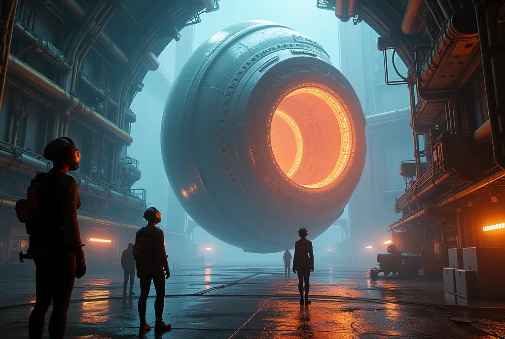 ((masterpiece, highest quality, Highest image quality, High resolution, photorealistic, Raw photo, Extremely detailed CG unified 8k wallpaper)), Heavy Machinery, huge egg-like power reactor in the center of the space immigrant ship, floating in midair, neon glowing fusion reactor, light particles circling the reactor, weightless space, female workers at the controls watching monitors, large goggles and full enameled bodysuit, tight space suit, seen from below,