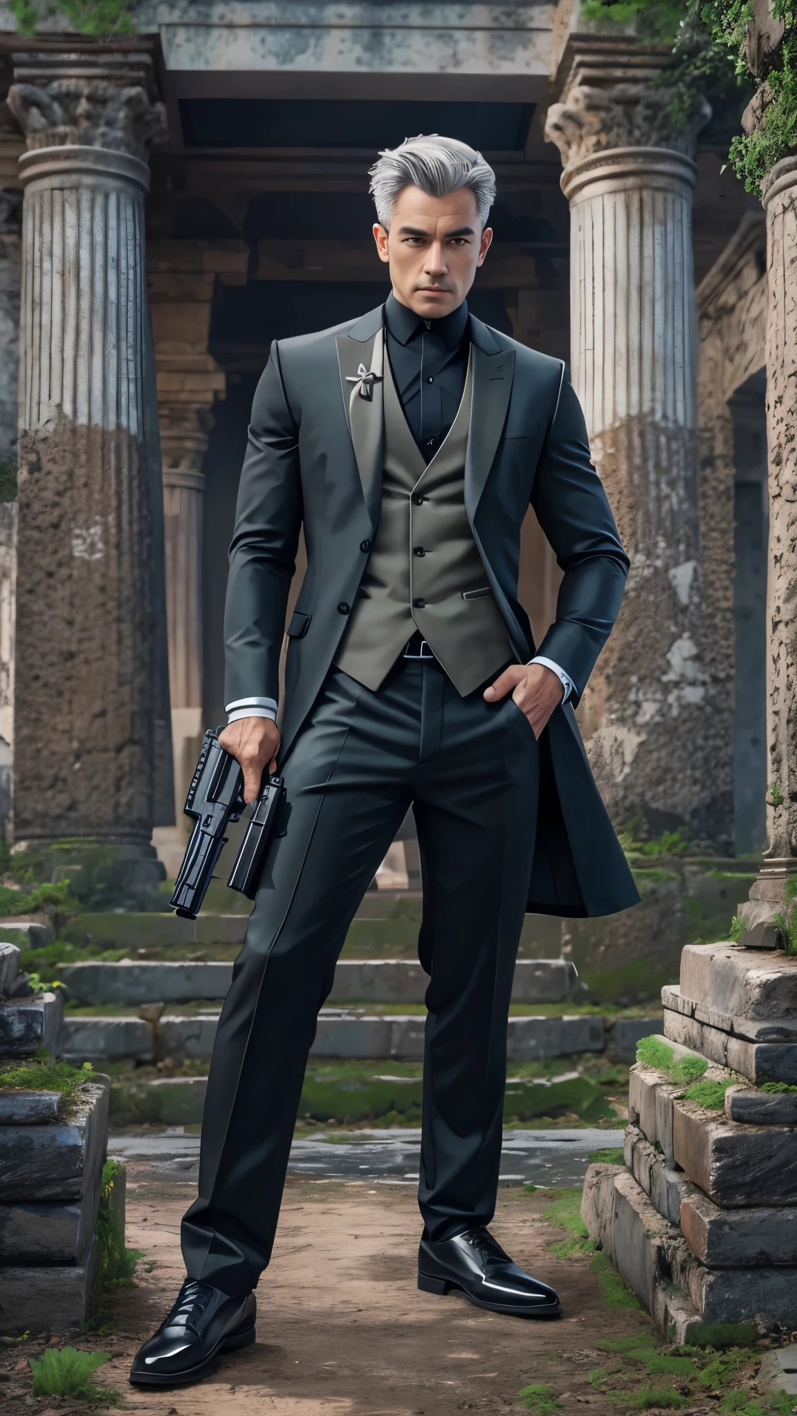 A man with a well-toned body, Alone, He has a gun in his hand, Gray Hair, Moss green hair bundle, short hair, ((black and grey ballroom blouse, Black and grey long pants)), Black social shoes, Serious expression, Bright green eyes, Ancient ruins, Black Tuxedo.