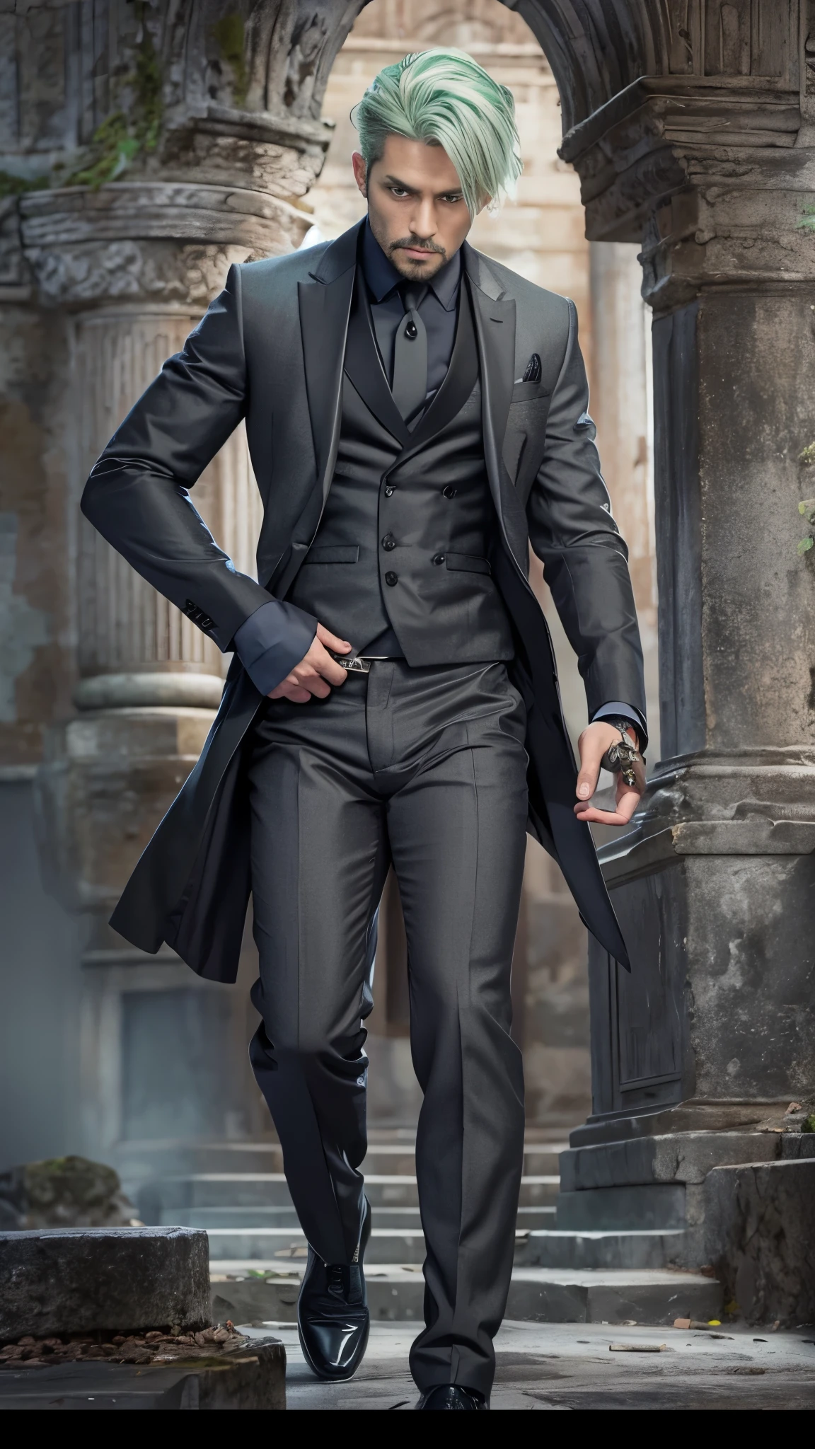 A man with a well-toned body, Alone, He has a gun in his hand, Gray Hair, Moss green hair bundle, short hair, ((black and grey ballroom blouse, Black and grey long pants)), Black social shoes, Serious expression, Bright green eyes, Ancient ruins, Black Tuxedo.