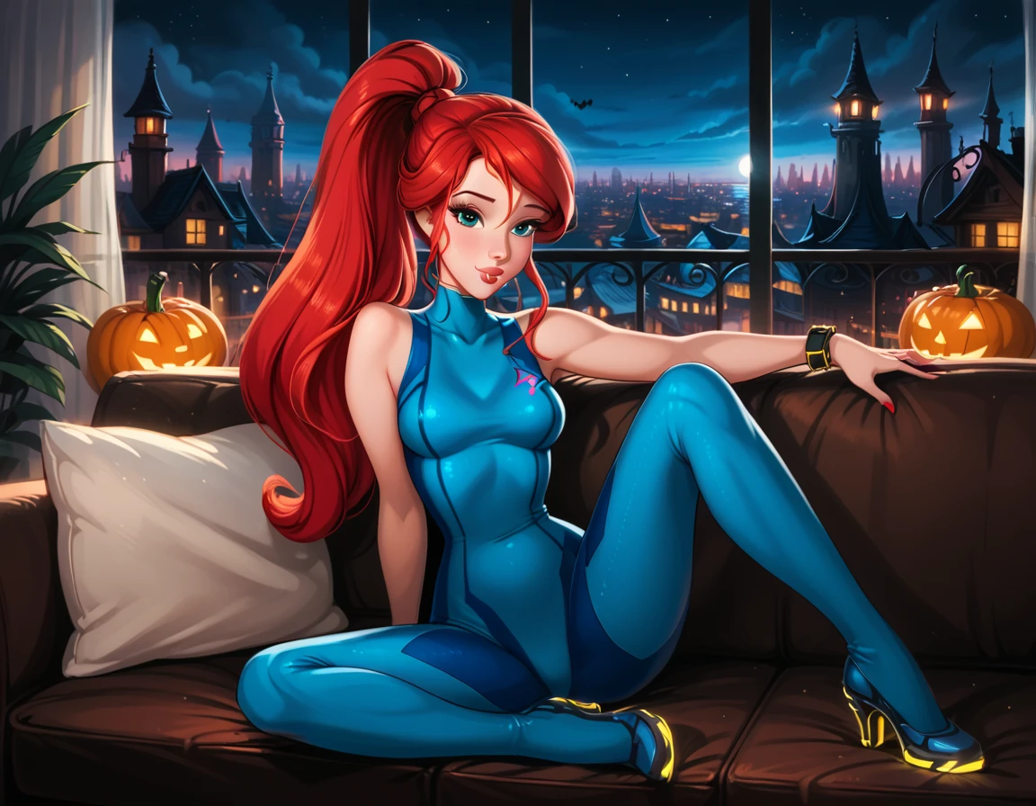 score_9, score_8_up, score_7_up, rating_questionable, epiCPhoto, 1girl, solo, very sexy (Disney's Ariel, ar_el, fair skin, red hair, ponytail, bangs:1.4), beautiful waifu, wearing (Samus Aran costume, blue bodysuit, zero suit, full bodysuit, full coverage, arms covered, shoulders covered, feet covered, ankles covered, bracelet, gloves, skin tight, heel boots:1.1), long legs, confident, flirt, gaze, sexy look, cute smile, head tilt, filled lips, thick lips, sitting on large sofa, model pose, modelling shoot, elegant, glamorous, (in the living room, beautiful modern apartment, city living:1.2), (Halloween theme:1.3), night, dark, dimly lit, expressiveh d4rk01l, perfect hands, perfect proportions.