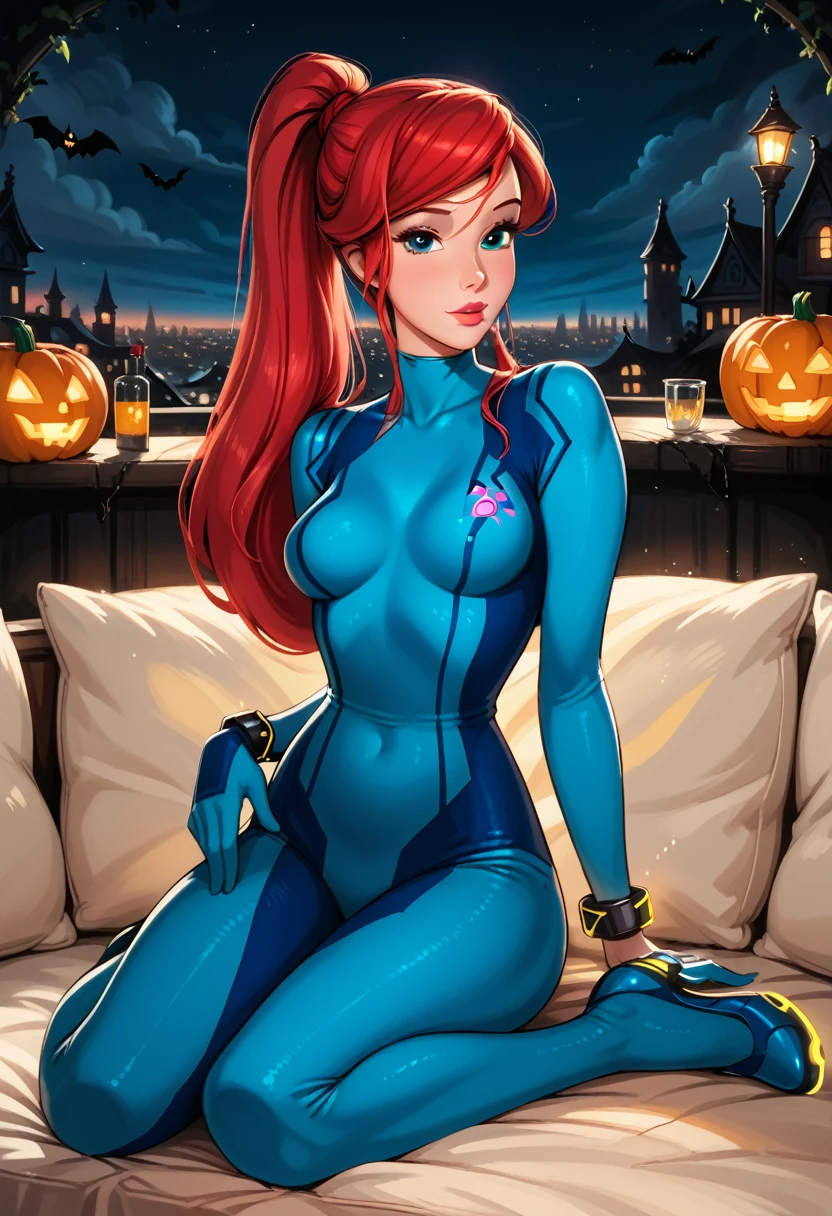 score_9, score_8_up, score_7_up, rating_questionable, epiCPhoto, 1girl, solo, very sexy (Disney's Ariel, ar_el, fair skin, red hair, ponytail, bangs:1.4), beautiful waifu, wearing (Samus Aran costume, blue bodysuit, zero suit, full bodysuit, full coverage, arms covered, shoulders covered, feet covered, ankles covered, bracelet, gloves, skin tight, heel boots:1.1), long legs, confident, flirt, gaze, sexy look, cute smile, head tilt, filled lips, thick lips, sitting on large sofa, model pose, modelling shoot, elegant, glamorous, (in the living room, beautiful modern apartment, city living:1.2), (Halloween theme:1.3), night, dark, dimly lit, expressiveh d4rk01l, perfect hands, perfect proportions.