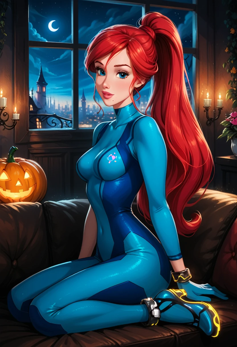 score_9, score_8_up, score_7_up, rating_questionable, epiCPhoto, 1girl, solo, very sexy (Disney's Ariel, ar_el, fair skin, red hair, ponytail, bangs:1.4), beautiful waifu, wearing (Samus Aran costume, blue bodysuit, zero suit, full bodysuit, full coverage, arms covered, shoulders covered, feet covered, ankles covered, bracelet, gloves, skin tight, heel boots:1.1), long legs, confident, flirt, gaze, sexy look, cute smile, head tilt, filled lips, thick lips, sitting on large sofa, model pose, modelling shoot, elegant, glamorous, (in the living room, beautiful modern apartment, city living:1.2), (Halloween theme:1.3), night, dark, dimly lit, expressiveh d4rk01l, perfect hands, perfect proportions.