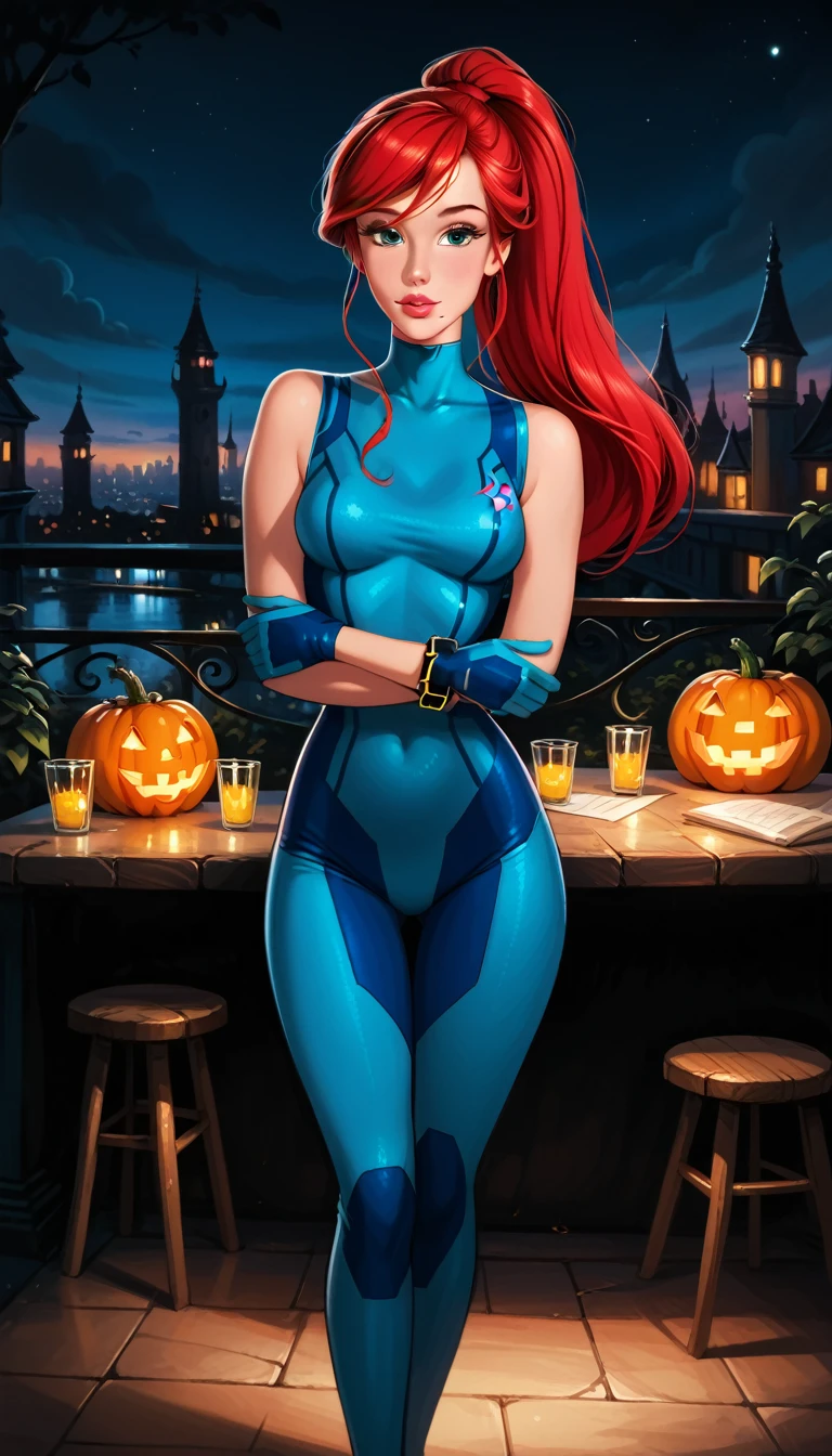 score_9, score_8_up, score_7_up, rating_questionable, epiCPhoto, 1girl, solo, very sexy (Disney's Ariel, ar_el, fair skin, red hair, ponytail, bangs:1.4), beautiful waifu, wearing (Samus Aran costume, blue bodysuit, zero suit, full bodysuit, full coverage, arms covered, shoulders covered, feet covered, ankles covered, bracelet, gloves, skin tight, heel boots:1.1), long legs, confident, flirt, gaze, sexy look, cute smile, head tilt, filled lips, thick lips, standing, feet apart, model pose, modelling shoot, elegant, glamorous, (in the living room, beautiful modern apartment, city living:1.2), (Halloween theme:1.3), night, dark, dimly lit, expressiveh d4rk01l, perfect hands, perfect proportions, (cowboy shot:1.3).