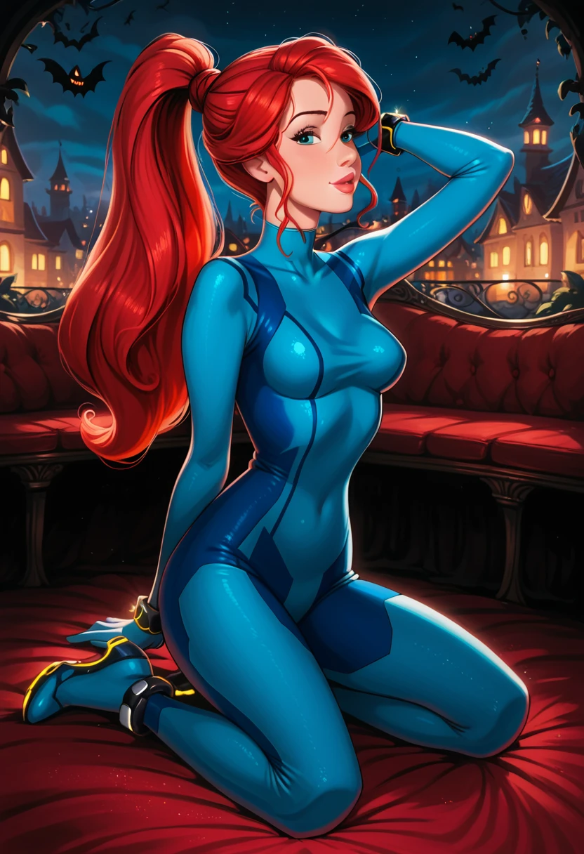 score_9, score_8_up, score_7_up, rating_questionable, epiCPhoto, 1girl, solo, very sexy (Disney's Ariel, ar_el, fair skin, red hair, ponytail, bangs:1.4), beautiful waifu, wearing (Samus Aran costume, blue bodysuit, zero suit, full bodysuit, full coverage, arms covered, shoulders covered, feet covered, ankles covered, bracelet, gloves, skin tight, heel boots:1.1), long legs, confident, flirt, gaze, sexy look, cute smile, head tilt, filled lips, thick lips, kneeling, feet apart, model pose, modelling shoot, elegant, glamorous, (in the living room, beautiful modern apartment, city living:1.2), (Halloween theme:1.3), night, dark, dimly lit, expressiveh d4rk01l, perfect hands, perfect proportions.