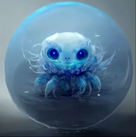 a close up of a small spider inside a glass ball, adorable glowing creature, hyper realistic fantasy monster, ghost sphere, creature design, realistic creature concept, holographic creatures, aquatic creature, hyperrealistic fantasy art, cute little creature, concept creature character art, cute coronavirus creatures!, creature concept art, hybrid creature, water elemental, fantasy creature concept art