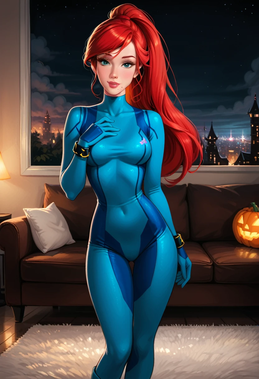 score_9, score_8_up, score_7_up, rating_questionable, epiCPhoto, 1girl, solo, very sexy (Disney's Ariel, ar_el, fair skin, red hair, ponytail, bangs:1.4), beautiful waifu, wearing (Samus Aran costume, blue bodysuit, zero suit, full bodysuit, full coverage, arms covered, shoulders covered, feet covered, ankles covered, bracelet, gloves, skin tight, heel boots:1.1), long legs, confident, flirt, gaze, sexy look, cute smile, head tilt, filled lips, thick lips, standing, feet apart, model pose, modelling shoot, elegant, glamorous, (in the living room, beautiful modern apartment, city living:1.2), (Halloween theme:1.3), night, dark, dimly lit, expressiveh d4rk01l, perfect hands, perfect proportions, (cowboy shot:1.3).