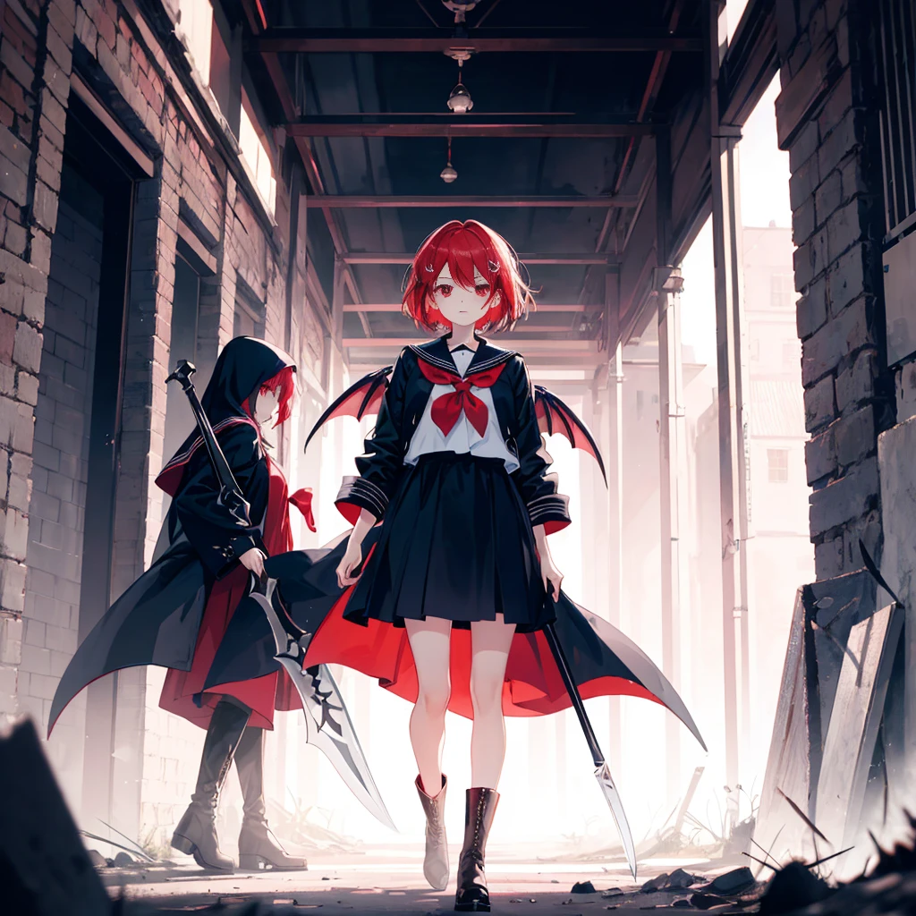 One girl、(masterpiece, Best Quality),(Detailed Hair), Super detailed, Anime Style, whole body,  High School Girls Standing in Desolate Land 、 She's wearing a black sailor suit and 、 has milky white and red hair and short hair。.、Red eyes、 Wearing boots, Digital Painting, 8k high resolution, whole body, White background,  dynamic pose 、Standing in a desolate place、big blade、Vampire Hunter、 dynamic configuration 、grim Reaper&#39;Sickle、