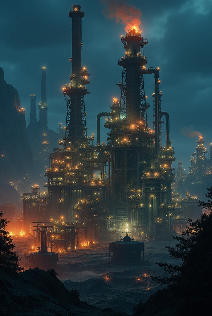 Large machinery、giant oil complex、Night illumination、beautiful、