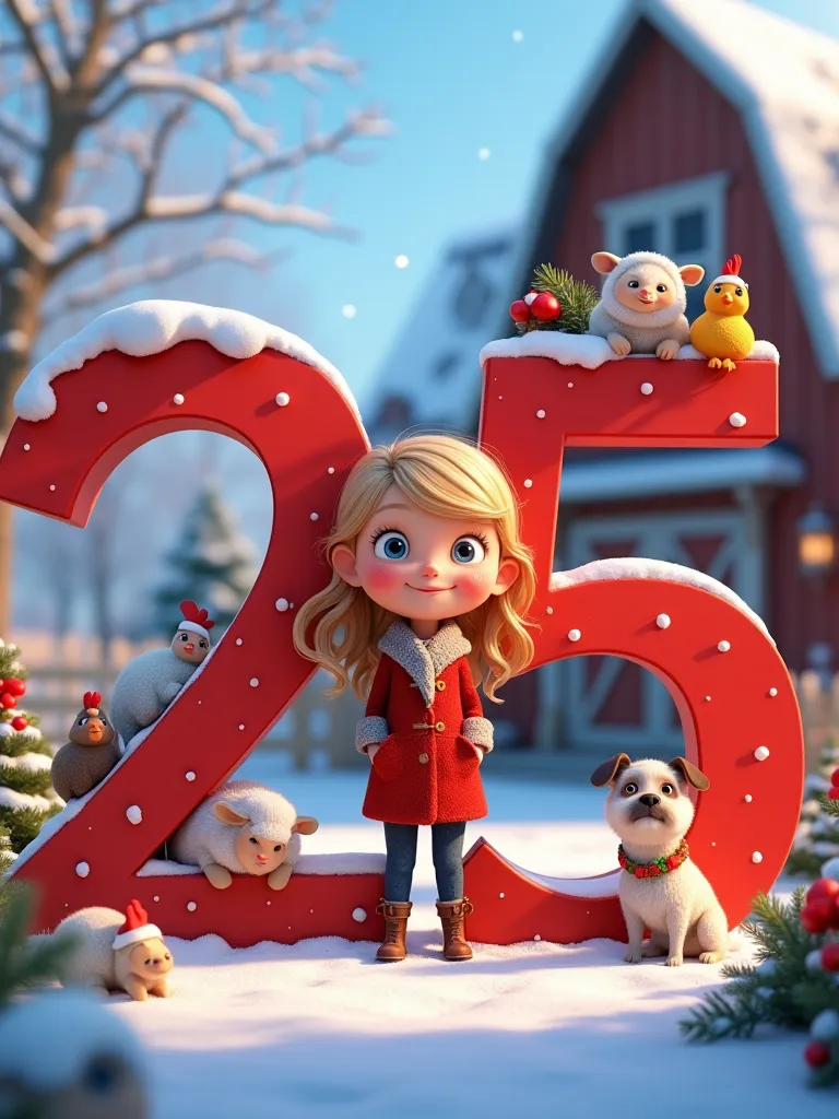 figure "25" ,  blond girl with blue eyes, Farm with animals , Pixar Christmas style 