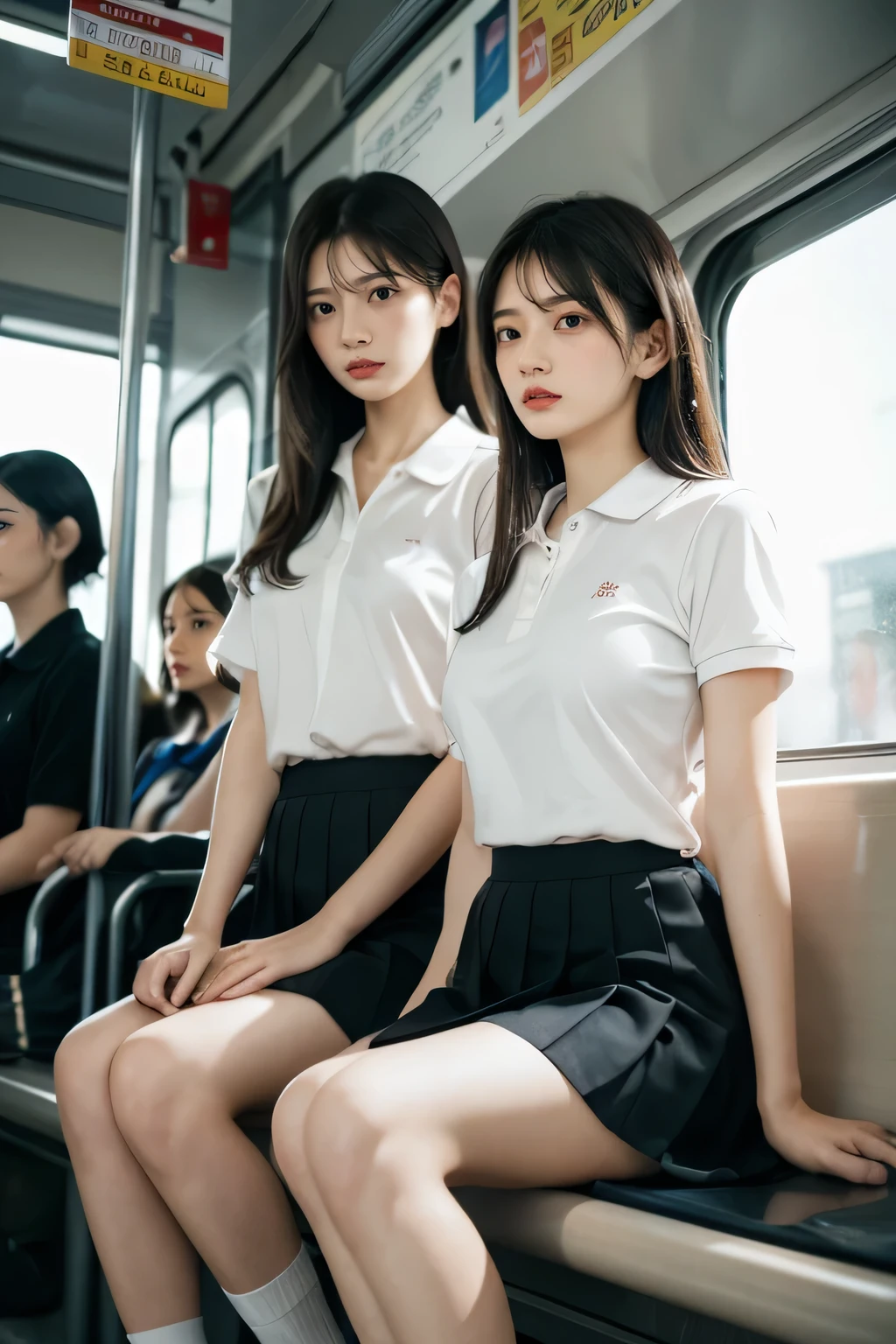 heavy rain, Soaking wet, Long Hair, bangs, (Two Girls:1.2), skirt, Brown Hair, shirt, Black Hair, Short sleeve, Brown eyes,  Long Hair, sitting in Train seat, white polo shirt, pleated skirt, Open clothes, shoes, socks, Striped, collared shirt, Hands behind back, bag, Pantyhose, Brown footwear, , school bag, Wet, (From below:1.2), (Plump breast)