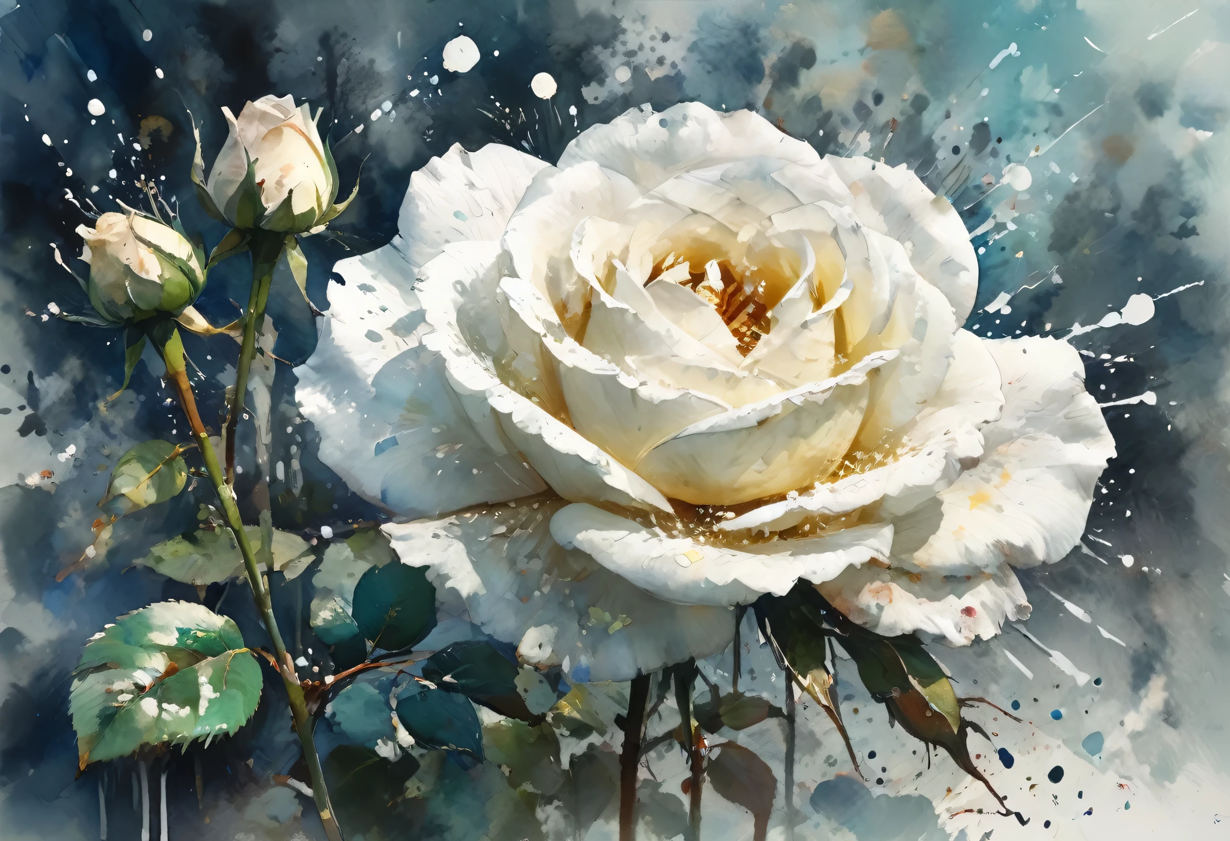 White rose painting with splattered background and spray paint effect、By Eugene Zak、Watercolor Art、By Carr Lotz、watercolor、Watercolor style、Watercolor detailed art、By Ruben Tam、watercolor digital painting、watercolor、Stunningly detailed Watercolor、Watercolor Art、Grzegorz Rutkowski