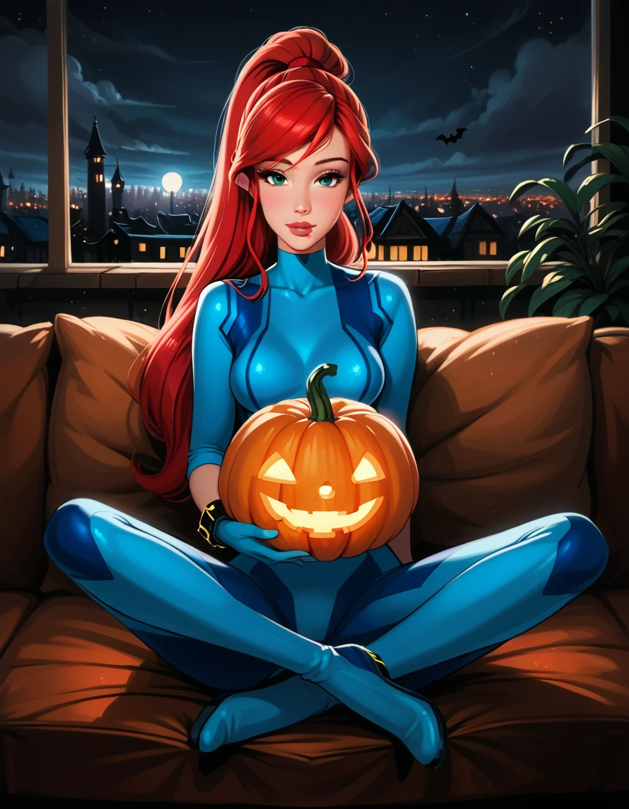 score_9, score_8_up, score_7_up, rating_questionable, epiCPhoto, 1girl, solo, very sexy (Disney's Ariel, ar_el, fair skin, red hair, ponytail, bangs:1.4), beautiful waifu, wearing (Samus Aran costume, blue bodysuit, zero suit, full bodysuit, full coverage, arms covered, shoulders covered, feet covered, ankles covered, bracelet, gloves, skin tight, heel boots:1.1), long legs, confident, flirt, gaze, sexy look, cute smile, head tilt, filled lips, thick lips, sitting on large sofa, (holding a large pumpkin in her lap:1.4), model pose, modelling shoot, elegant, glamorous, (in the living room, beautiful modern apartment, city living:1.2), (Halloween theme:1.3), night, dark, dimly lit, expressiveh d4rk01l, perfect hands, perfect proportions.