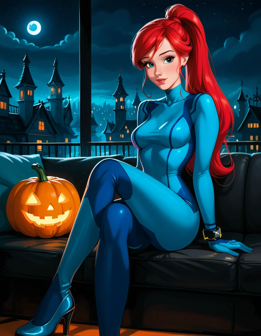 score_9, score_8_up, score_7_up, rating_questionable, epiCPhoto, 1girl, solo, very sexy (Disney's Ariel, ar_el, fair skin, red hair, ponytail, bangs:1.4), beautiful waifu, wearing (Samus Aran costume, blue bodysuit, zero suit, full bodysuit, full coverage, arms covered, shoulders covered, feet covered, ankles covered, bracelet, gloves, skin tight, heel boots:1.1), long legs, confident, flirt, gaze, sexy look, cute smile, head tilt, filled lips, thick lips, sitting on large sofa, (holding a large pumpkin in her lap:1.4), model pose, modelling shoot, elegant, glamorous, (in the living room, beautiful modern apartment, city living:1.2), (Halloween theme:1.3), night, dark, dimly lit, expressiveh d4rk01l, perfect hands, perfect proportions.