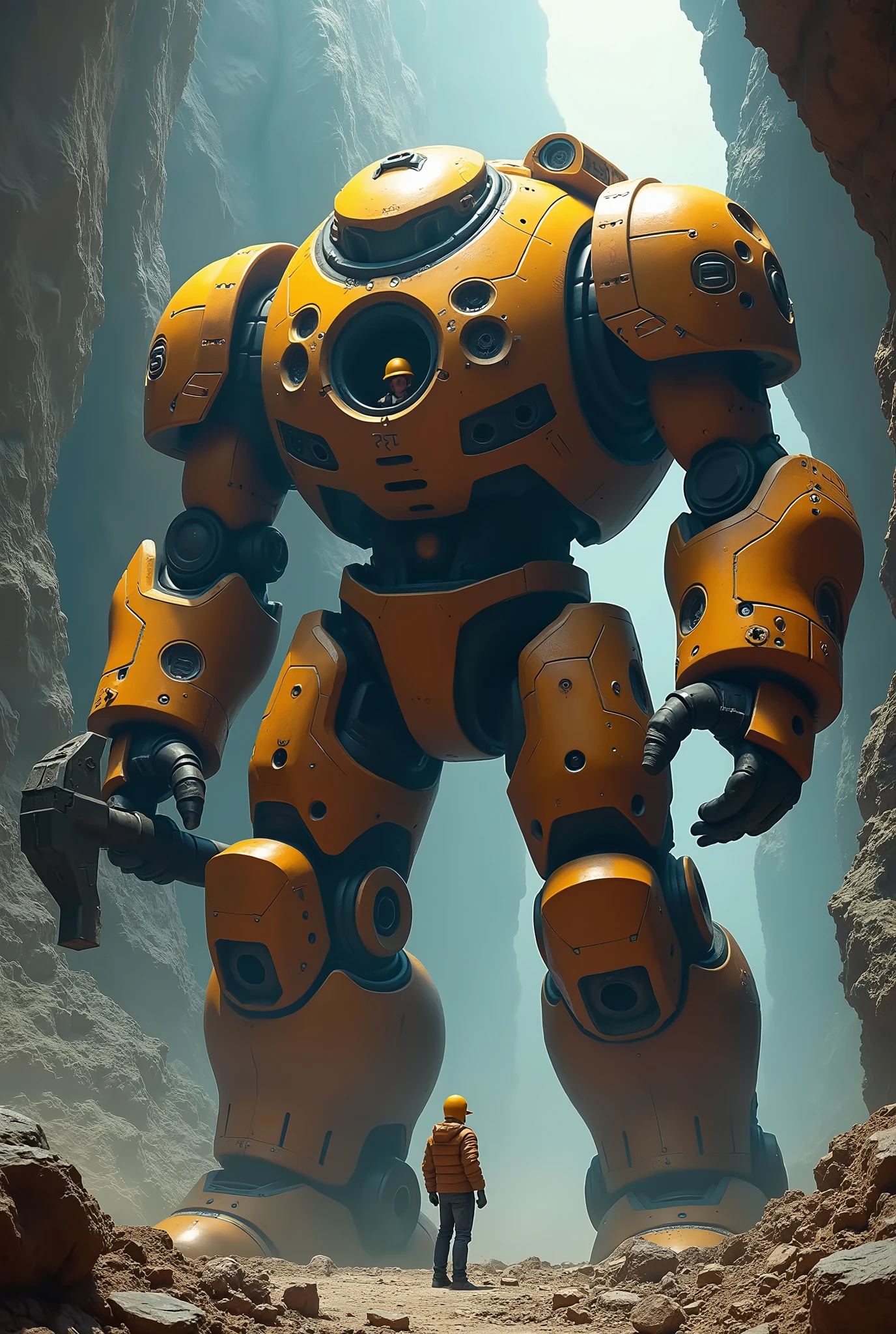 masterpiece,8k,Ultra-detailed,High image quality,トンネル掘削giant machine ,I'm digging a tunnel,Powered Suit,( I have a drilling drill in my right hand:1.5),(I have a pickaxe in my left hand :1.7),There is a cockpit on the abdomen , I can see a human figure in the cockpit, wears a helmet on its head,giant machine ,giant machine ,(There is an exposed cockpit for humans to ride on the abdomen),A person is standing at your feet