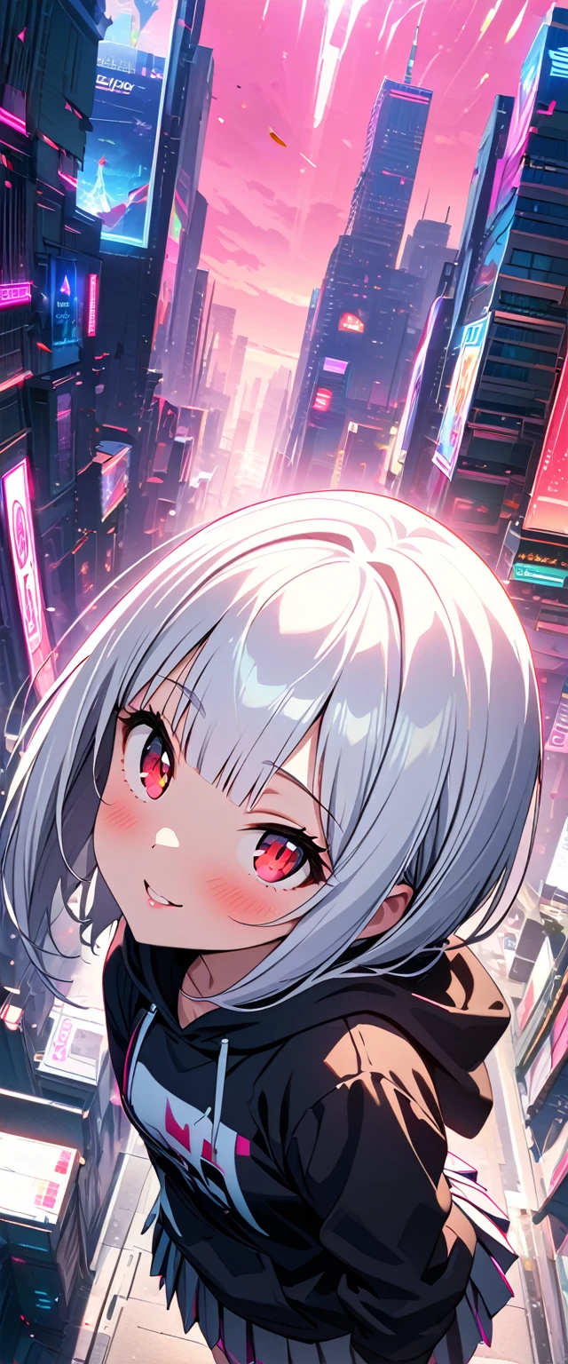 (beautiful girl: 1.3),One girl,masterpiece, Please redeem, Ultra-high resolution,Rich contrast,super high quality,8k,High-definition CG unit wallpaper,Texture,Very absurd,Ultra-high resolution,RAW Photos,Please redeem anime,Depth of written boundary 1.2,(Silver-white hair,Sharp Bob,Straight bangs),Very detailed eyes,Red Eyes,Glowing Skin,Glitter Effect,Beautiful glossy lips,Black hoodie,Pleated skirt,Cyber City,Pink Neon,White beautiful skin,etc,The best smile,(Extremely close:1.5),blush,Looking up,Embarrassing,Tilt your head