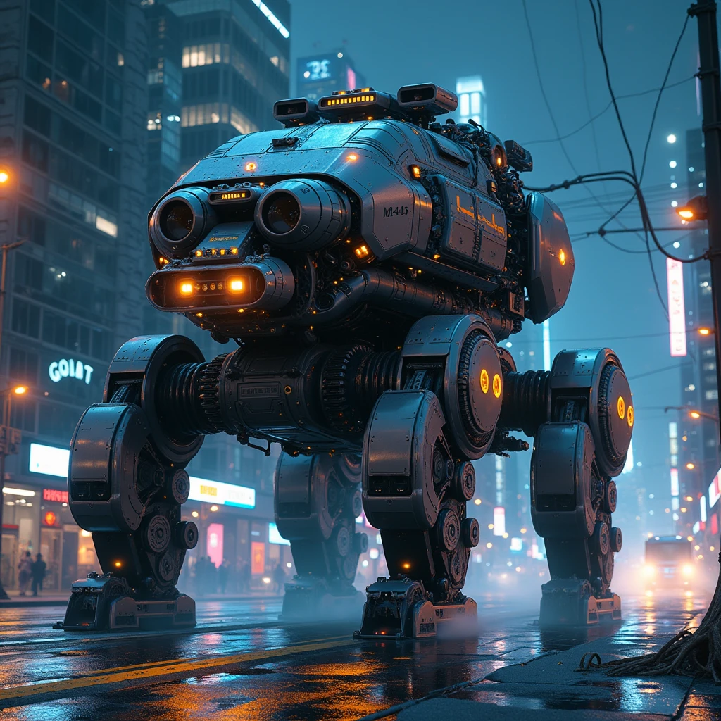  A Huge Heavy Robotic Car with Lots of Parts ,  City of the Future Many Cars with Long Robotic Legs and a Huge Body with Different Lights, Night,  Spotlights Illuminate Cars , Cinematic Style , realism,  Full Complex Detail , Game of Shadows, masterpiece, 16K,  What Is Hidden in the Darkness Awakens and Sparkles ,