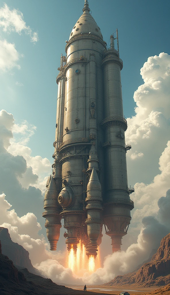 A giant steampunk rocket. Scaffoldings. Super intricate details.