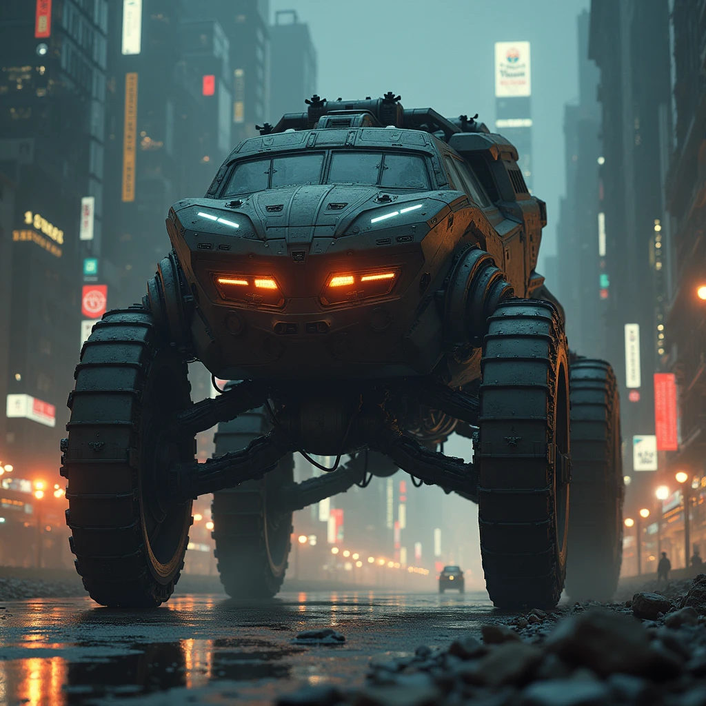  A Huge Heavy Robotic Car with Lots of Parts ,  City of the Future Many Cars with Long Robotic Legs and a Huge Body with Different Lights, Night,  Spotlights Illuminate Cars , Cinematic Style , realism,  Full Complex Detail , Game of Shadows, masterpiece, 16K,  What Is Hidden in the Darkness Awakens and Sparkles ,