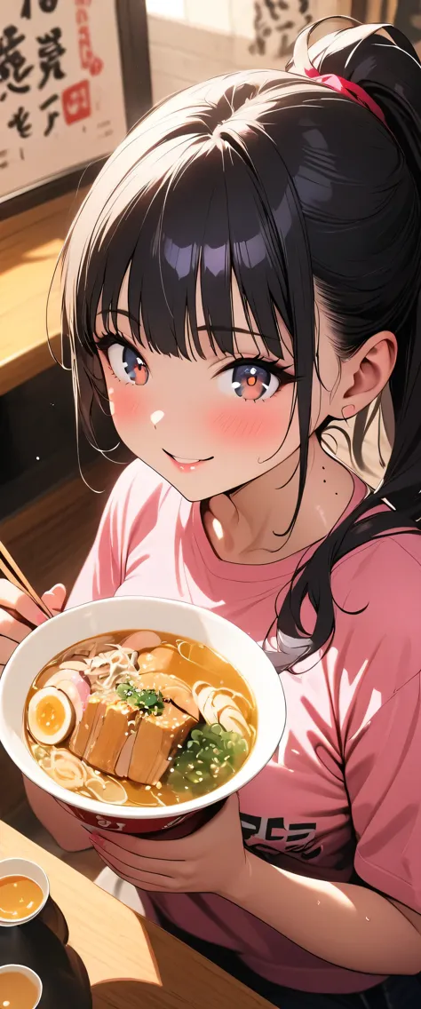 (beautiful girl: 1.3),masterpiece,Please redeem,Ultra-high resolution,Rich contrast,Very high quality,8k,Highly detailed CG unit wallpaper,Texture,So ridiculous,RAW Photos,Please redeem anime,Depth of written boundary 1.2,ultra-detailed eyes,Glowing Skin,Glitter Effect,Beautiful glossy lips,Yamada Anna,dark blue hair,brown eyes,long hair,sidelocks,mole on neck,A mother,clothes writing,Ramen shop,(sweat),Eat ramen,(ponytail),jirou,smile,chopsticks.(From above)