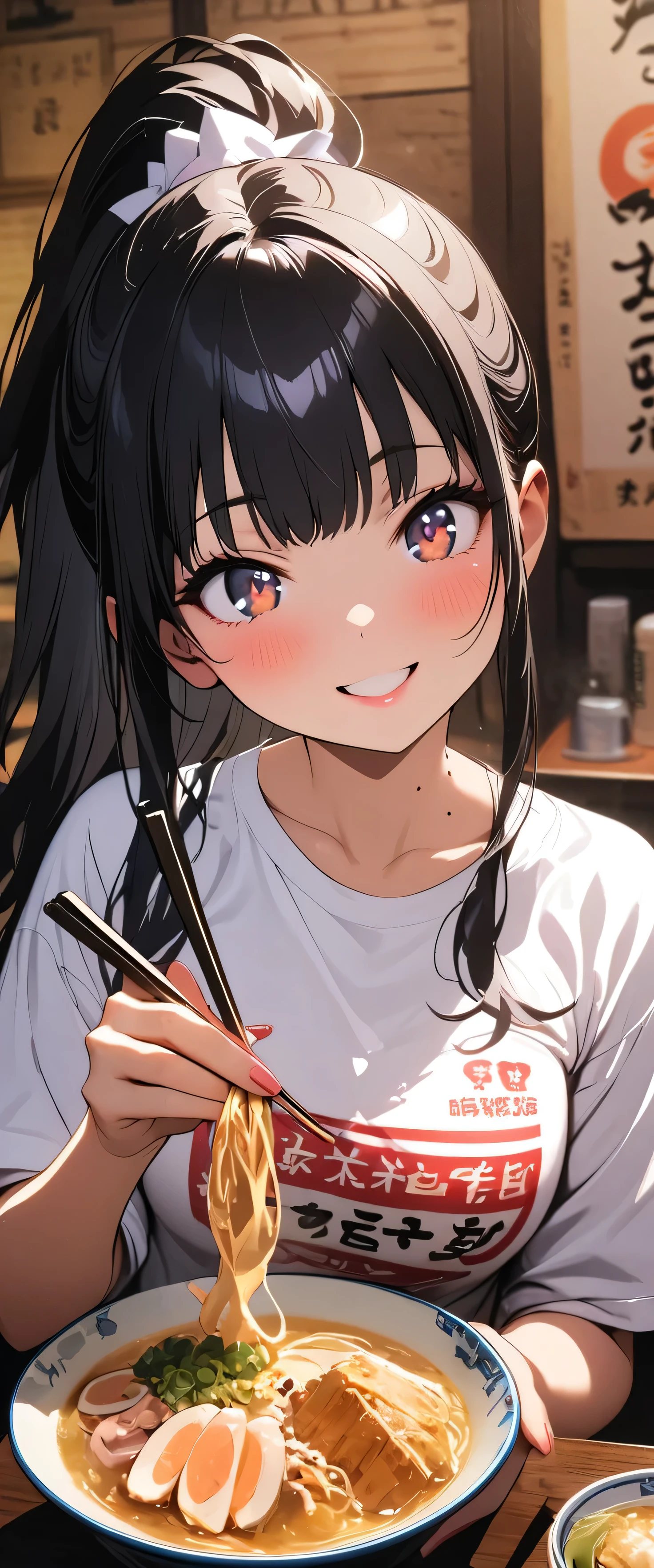 (beautiful girl: 1.3),masterpiece,Please redeem,Ultra-high resolution,Rich contrast,Very high quality,8k,Highly detailed CG unit wallpaper,Texture,So ridiculous,RAW Photos,Please redeem anime,Depth of written boundary 1.2,ultra-detailed eyes,Glowing Skin,Glitter Effect,Beautiful glossy lips,Yamada Anna,dark blue hair,brown eyes,long hair,sidelocks,mole on neck,A mother,clothes writing,Ramen shop,(sweat),Eat ramen,(ponytail),jirou,smile,chopsticks.(From above)