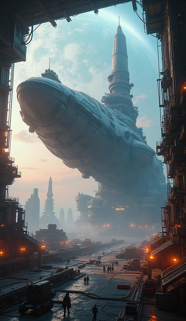 Sci-fi, realistic, panoramic view, a huge space shipyard with heavy machinery suspended in the space orbit of the planet, in the shipyard huge spaceships are made that travel the galaxy, realistic photography, 8k, bokeh, Ray tracing, 