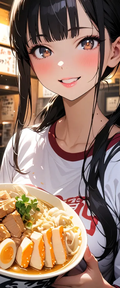 (beautiful girl: 1.3),masterpiece,Please redeem,Ultra-high resolution,Rich contrast,Very high quality,8k,Highly detailed CG unit wallpaper,Texture,So ridiculous,RAW Photos,Please redeem anime,Depth of written boundary 1.2,ultra-detailed eyes,Glowing Skin,Glitter Effect,Beautiful glossy lips,Yamada Anna,dark blue hair,brown eyes,long hair,sidelocks,mole on neck,A mother,clothes writing,Ramen shop,(sweat),Eat ramen,(ponytail),jirou,smile,chopsticks