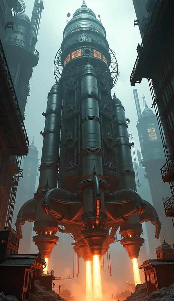 A giant steampunk rocket. Scaffoldings. Super intricate details.