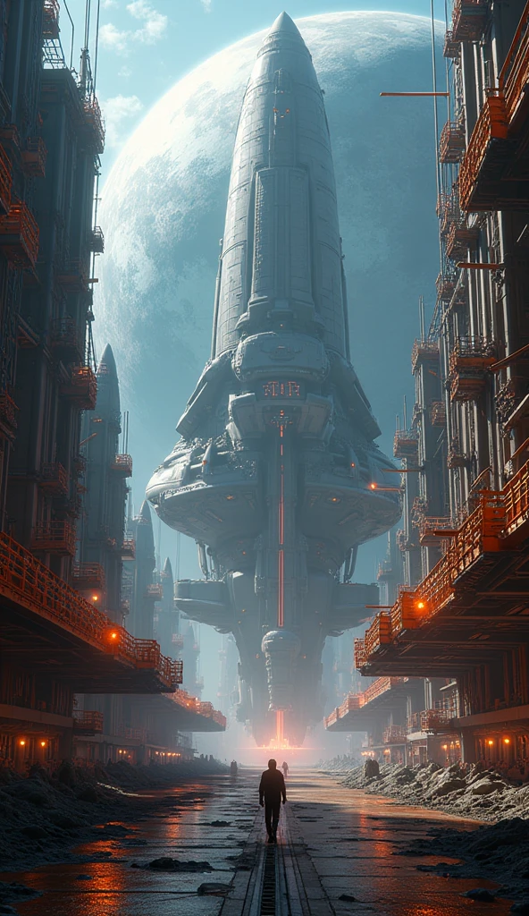 Sci-fi, realistic, panoramic view, a huge space shipyard with heavy machinery suspended in the space orbit of the planet, in the shipyard huge spaceships are made that travel the galaxy, realistic photography, 8k, bokeh, Ray tracing, 