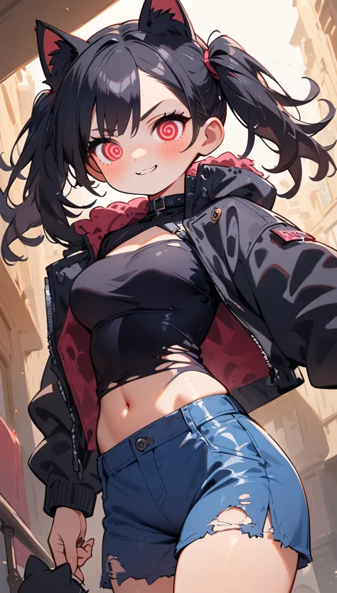 solo,1girl\(cute, kawaii, age of 12,(evil smile:1.2),(black hair:1),(long hair),(twin tails hair),pale skin, skin color blue, red eyes, eyes shining, (big eyes),(breast:1.4),(punk fashion:1.6),(ripped clothes:1.5),(tight tube top),(tight hot pants),(stomach shown:0.8),(abs:0.5),(ripped black short jacket:1.4),(fluffy black cat-ear:1.4),(dynamic pose:1.3), (spiral eye:1.4),(bang)\), BREAK ,background\(outside, noisy city, backstreet, narrow street, neon lights, at night\), BREAK ,quality\(8k,wallpaper of extremely detailed CG unit, high resolution, top-quality, top-quality real texture skin, hyper realistic, increase the resolution, RAW photos, best quality, highly detailed, the wallpaper,golden ratio,high saturation realism, vibrant colors, dramatic lighting, persuasive storytelling, atmospheric scenery, captivating visuals, intricate details, strong emotions,dreamlike world\),(close up:1.0),dynamic angle