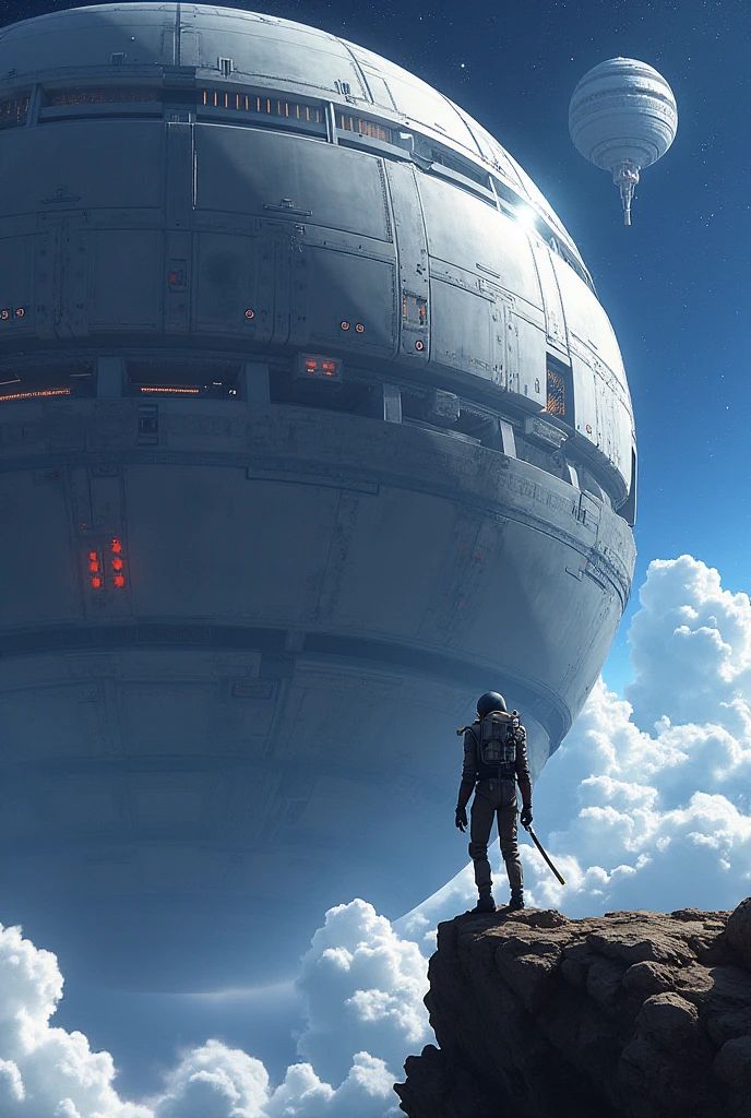 (Best Quality,Extremely detailed depiction,Incredible high resolution),A futuristic and huge spherical space fortress floating in space,Huge spaceship,background:universe space,High quality anime drawings,mechanical,