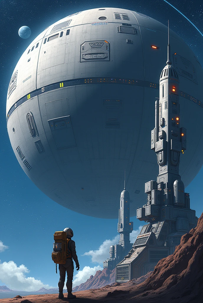 (Best Quality,Extremely detailed depiction,Incredible high resolution),A futuristic and huge spherical space fortress floating in space,Huge spaceship,background:universe space,High quality anime drawings,mechanical,