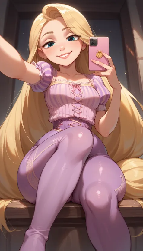 rapunzel, blonde hair,long hair, blue eyes (:1.1),wear only purple tights,exposed legs,thick thighs,knee high,shiny oily skin,
s...