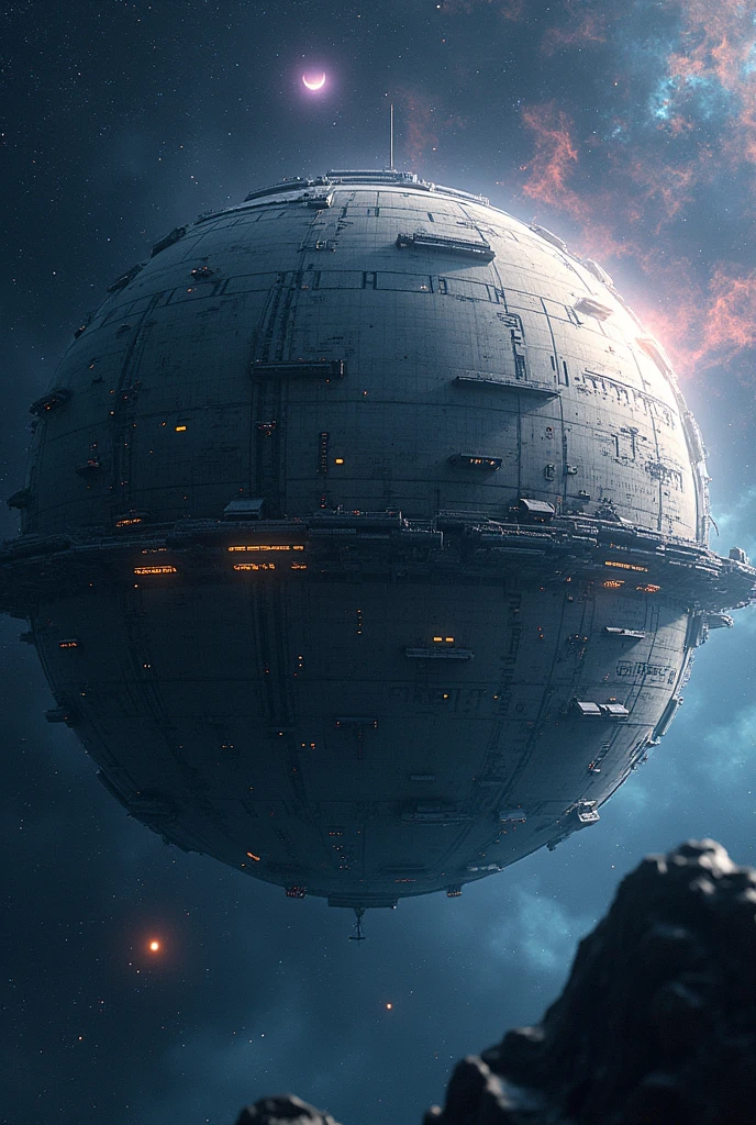 (Best Quality,Extremely detailed depiction,Incredible high resolution),A futuristic and huge spherical space fortress floating in space,Huge spaceship,background:universe space,High quality anime drawings,mechanical,