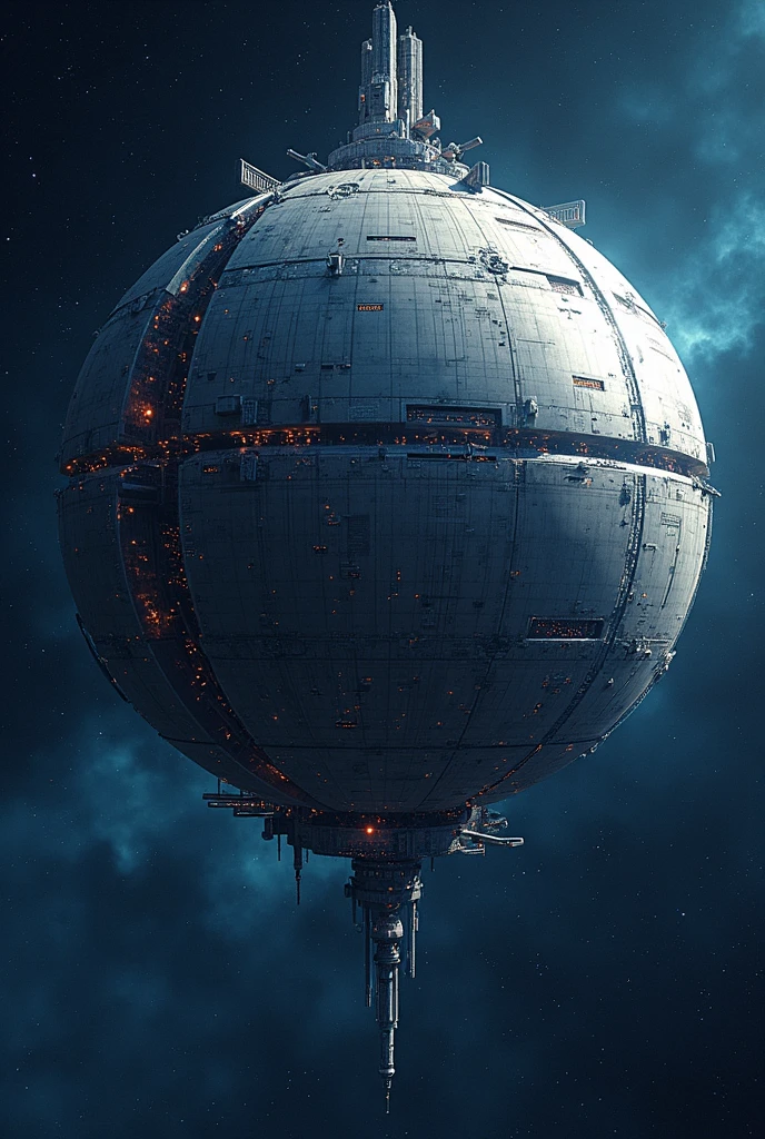 (Best Quality,Extremely detailed depiction,Incredible high resolution),A futuristic and huge spherical space fortress floating in space,Huge spaceship,background:universe space,High quality anime drawings,mechanical,