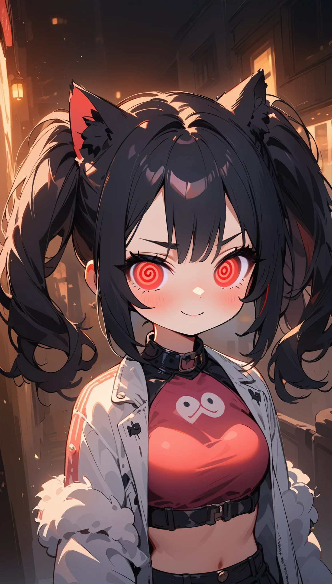 solo,1girl\(cute, kawaii, age of 12,(evil smile:1.2),(black hair:1),(long hair),(twin tails hair),pale skin, skin color blue, red eyes, eyes shining, (big eyes),(breast:1.4),(punk fashion:1.6),(ripped clothes:1.5),(tight tube top),(tight hot pants),(stomach shown:0.8),(abs:0.5),(ripped black short jacket:1.4),(fluffy black cat-ear:1.4),(dynamic pose:1.3), (spiral eye:1.4),(bang)\), BREAK ,background\(outside, noisy city, backstreet, narrow street, neon lights, at night\), BREAK ,quality\(8k,wallpaper of extremely detailed CG unit, high resolution, top-quality, top-quality real texture skin, hyper realistic, increase the resolution, RAW photos, best quality, highly detailed, the wallpaper,golden ratio,high saturation realism, vibrant colors, dramatic lighting, persuasive storytelling, atmospheric scenery, captivating visuals, intricate details, strong emotions,dreamlike world\),(close up:1.0),dynamic angle