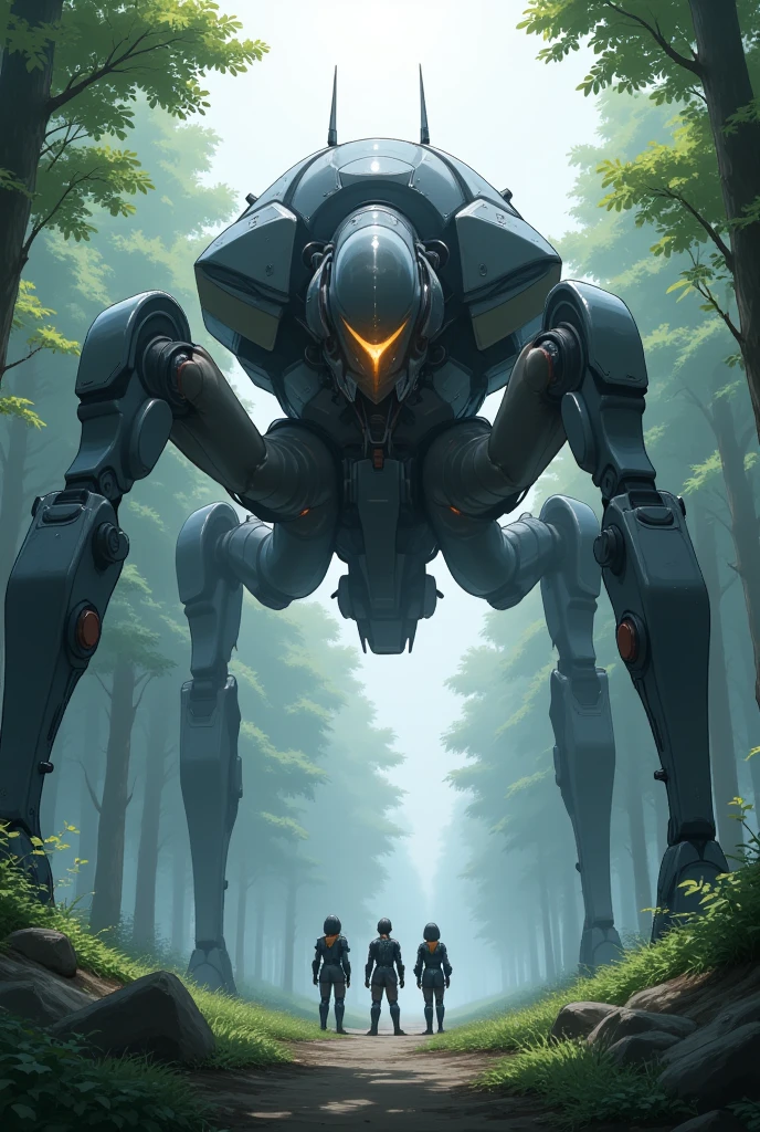 Anime style, In a dense, misty forest with towering trees, a massive, multi-legged mech walker looms over two armored figures. The mech is made of dark metallic parts, with spider-like legs and intricate mechanical details. The fog creates a mysterious atmosphere, blending the soft green hues of the forest with the cold, hard surfaces of the machine. The two humanoid figures stand near the mech, appearing small in comparison, dressed in futuristic armor with glowing visors. The scene feels both sci-fi and eerie, with the forest adding a natural contrast to the advanced technology of the mech.