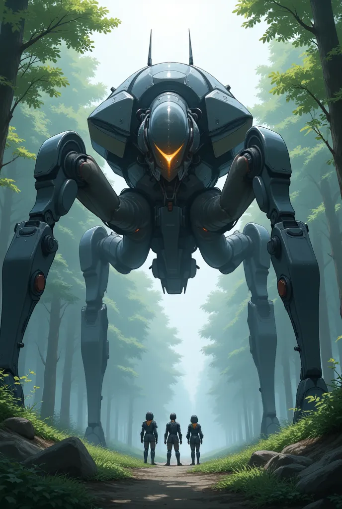 anime style, in a dense, misty forest with towering trees, a massive, multi-legged mech walker looms over two armored figures. t...