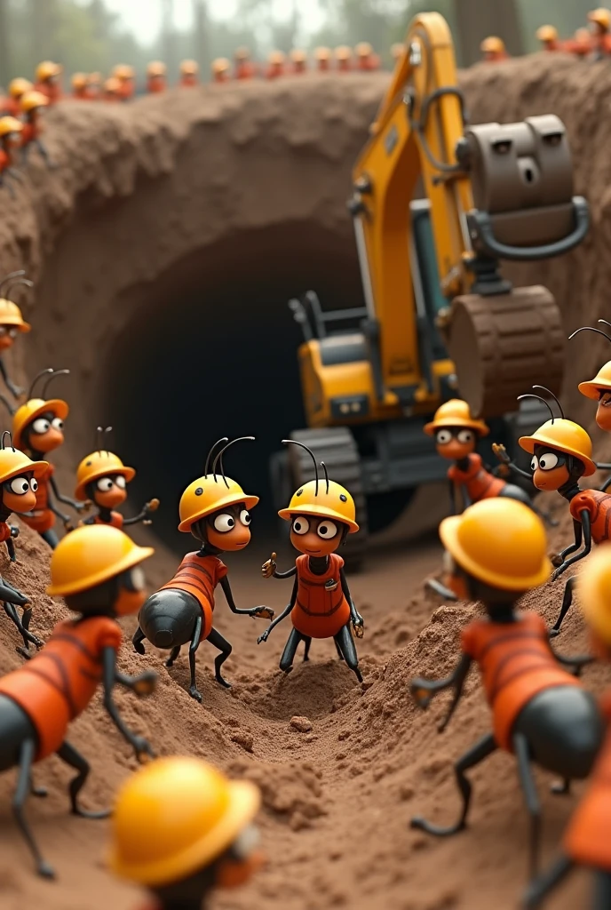 （masterpiece、High image quality、High image quality、High resolution、4K、8k、High image quality）、  a huge and powerful excavator 、 digging deep in the ground 、１Ants 、 wearing a yellow helmet and orange work clothes 、The excavator has １ ants on it 、 the ants around them are happy to clap and banzay the new burrow、Comedy touch、Comical pictures、High image quality３D Animation、Realistic３D quality、 impressive scenes 、dramatic、dynamic
