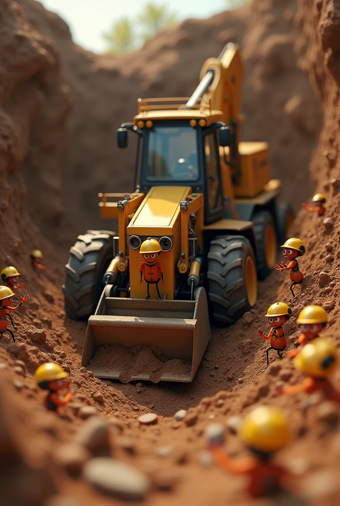 （masterpiece、High image quality、High image quality、High resolution、4K、8k、High image quality）、  a huge and powerful excavator 、 digging deep in the ground 、１Ants 、 wearing a yellow helmet and orange work clothes 、The excavator has １ ants on it 、 the ants around them are happy to clap and banzay the new burrow、Comedy touch、Comical pictures、High image quality３D Animation、Realistic３D quality、 impressive scenes 、dramatic、dynamic
