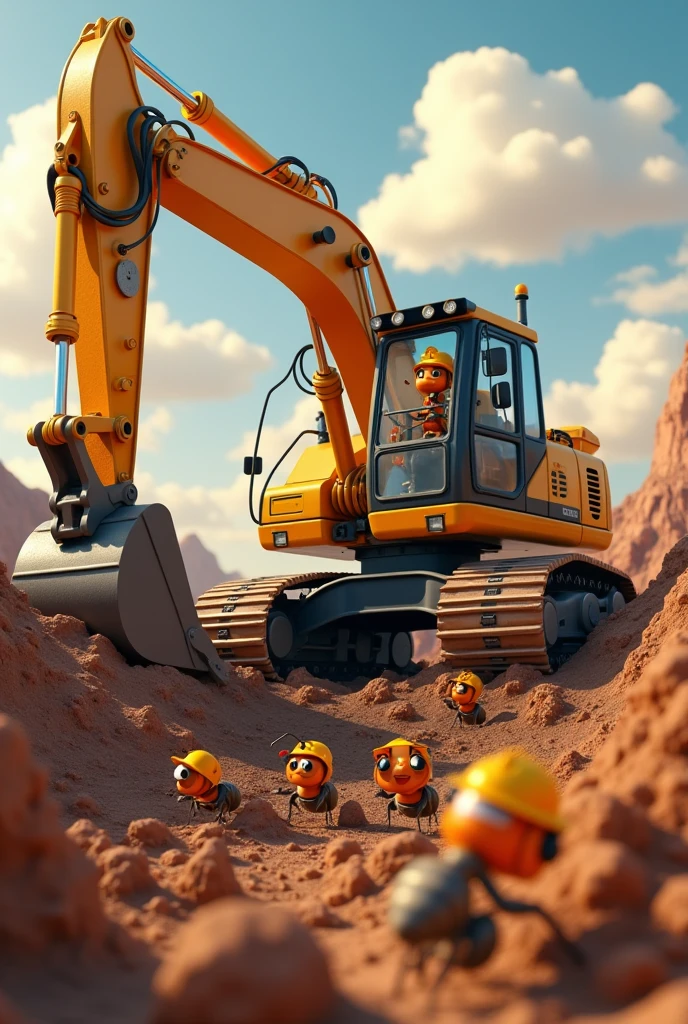 （masterpiece、High image quality、High image quality、High resolution、4K、8k、High image quality）、  a huge and powerful excavator 、 digging deep in the ground 、１Ants 、 wearing a yellow helmet and orange work clothes 、The excavator has １ ants on it 、 the ants around them are happy to clap and banzay the new burrow、Comedy touch、Comical pictures、High image quality３D Animation、Realistic３D quality、 impressive scenes 、dramatic、dynamic
