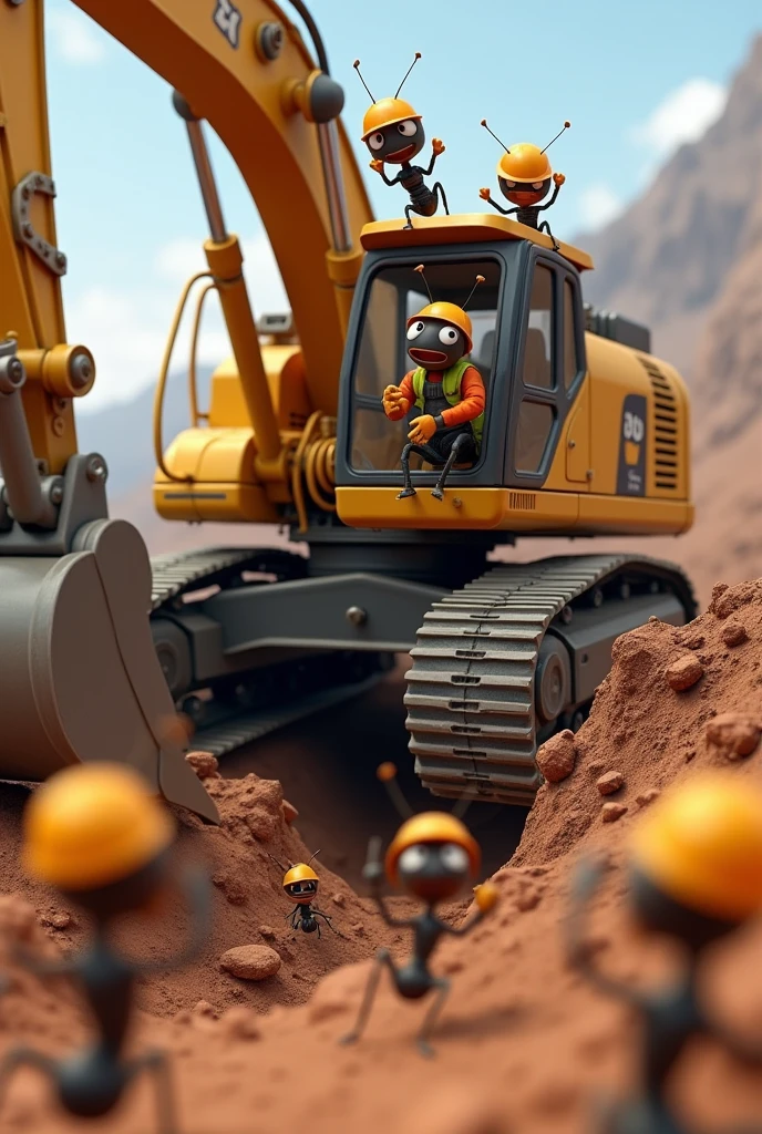 （masterpiece、High image quality、High image quality、High resolution、4K、8k、High image quality）、  a huge and powerful excavator 、 digging deep in the ground 、１Ants 、 wearing a yellow helmet and orange work clothes 、The excavator has １ ants on it 、 the ants around them are happy to clap and banzay the new burrow、Comedy touch、Comical pictures、High image quality３D Animation、Realistic３D quality、 impressive scenes 、dramatic、dynamic
