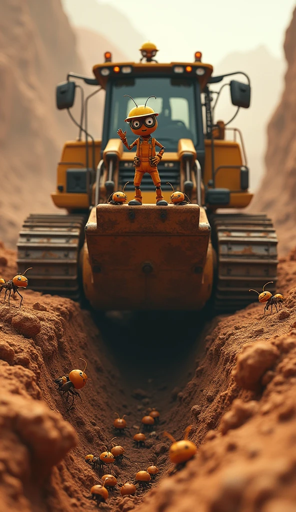 （masterpiece、High image quality、High image quality、High resolution、4K、8k、High image quality）、  a huge and powerful excavator 、 digging deep in the ground 、１Ants 、 wearing a yellow helmet and orange work clothes 、The excavator has １ ants on it 、 the ants around them are happy to clap and banzay the new burrow、Comedy touch、Comical pictures、High image quality３D Animation、Realistic３D quality、 impressive scenes 、dramatic、dynamic
