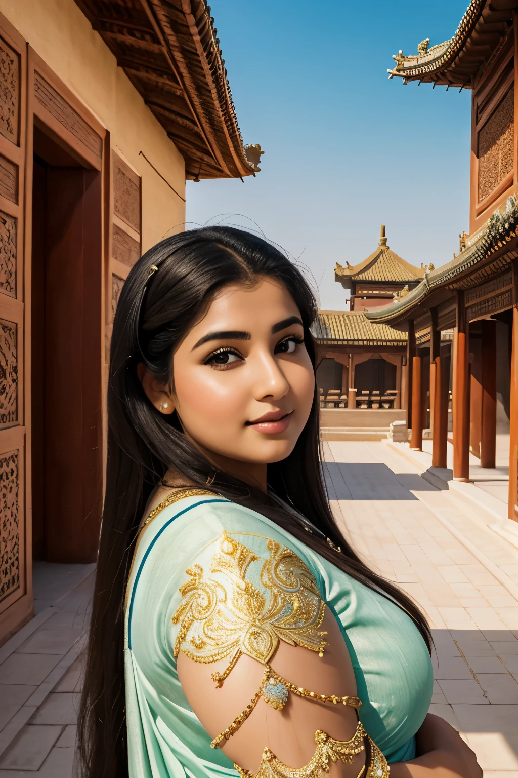 1 Heavenly beautiful and goddess beauty cute and sweet looking face Arabian female in front of Summer Palace, China, Heavenly beautiful Overweight, Heavenly beautiful Extremely fat, Heavenly beautiful and attractive Chubby figure , Heavenly beautiful looking and eye catching luxury style Bandhani Saree , reaching out, Heavenly beautiful Arabian woman, 16k, High resolution, masterpiece, highest quality, fine skin, outside view, Realistic Photograph, close up face view