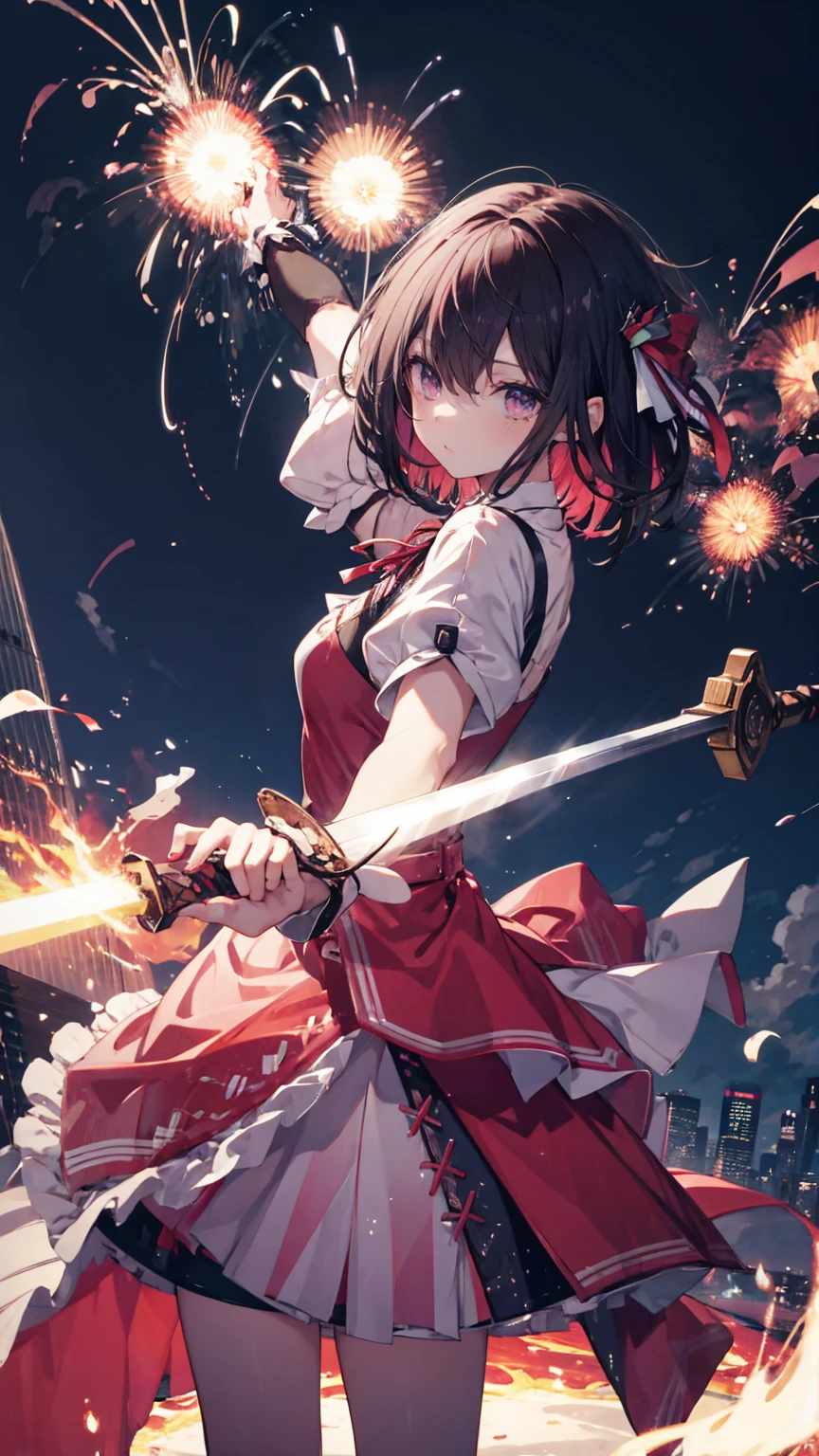 (masterpiece), Best Quality, Expressive eyes, Perfect Face, Super detailed, One girl, Alone, a goddess holding a Giant Sword,Flaming Sword, Combat Stance, Dynamic Angle, [attack battle form, Giant Swordを持っている, Elusive , [attack,Glare,  Weapon close-up, Giant Sword, Luxurious sword, Full of energy, The sky splits, Thunder and lightning, Planet Explosion, azki_(hove), 1girl, idol clothes, pink hair, black hair, wrist cuffs, colored inner hair, multicolored hair, sleeveless, short hair, purple eyes, ribbon, pink skirt, dress, large breasts,crazy eyes,