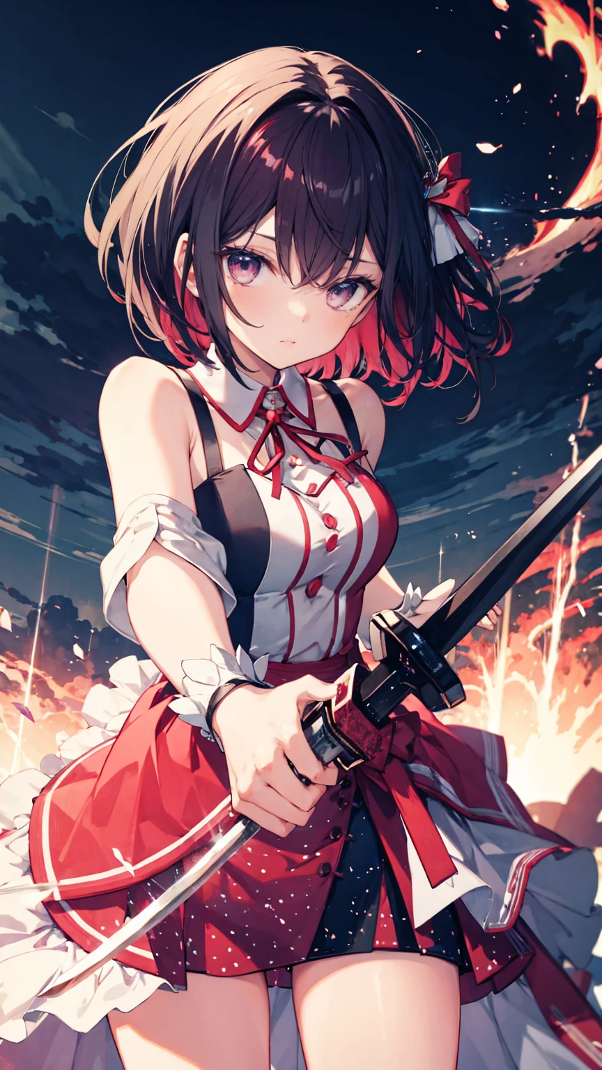 (masterpiece), Best Quality, Expressive eyes, Perfect Face, Super detailed, One girl, Alone, a goddess holding a Giant Sword,Flaming Sword, Combat Stance, Dynamic Angle, [attack battle form, Giant Swordを持っている, Elusive , [attack,Glare,  Weapon close-up, Giant Sword, Luxurious sword, Full of energy, The sky splits, Thunder and lightning, Planet Explosion, azki_(hove), 1girl, idol clothes, pink hair, black hair, wrist cuffs, colored inner hair, multicolored hair, sleeveless, short hair, purple eyes, ribbon, pink skirt, dress, large breasts,crazy eyes,