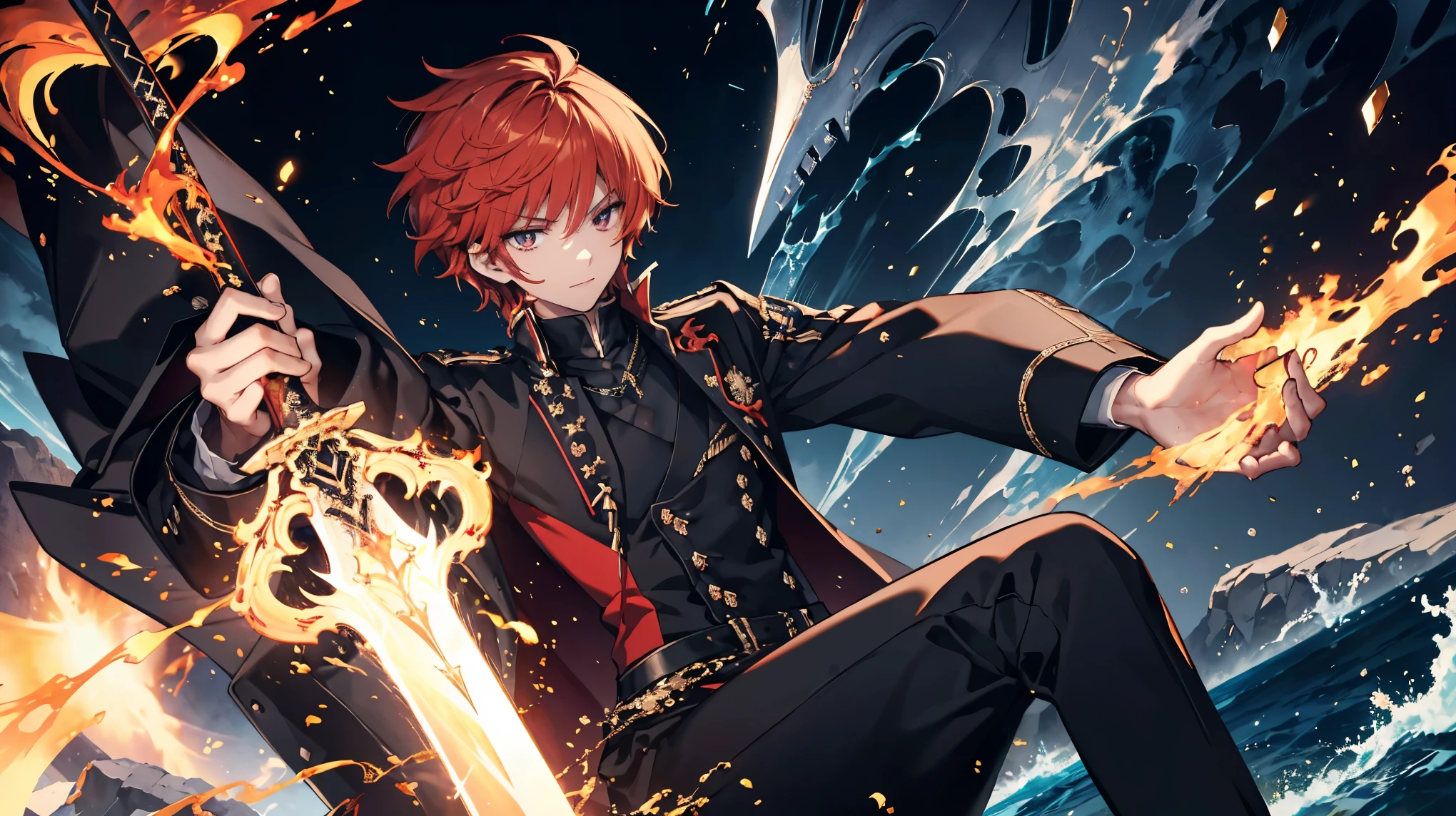 ((masterpiece, Please redeem)), Attractive man, Length 180cm, Androgynous beauty, Sharp golden eyes, Short messy flame red hair, Medium, Fantastic appearance, He is wearing a disheveled black dress shirt with the sleeves rolled up., Black skinny pants, Holding a sword, Master Swordsman, Twilight sky background, Reflective water surface, Detailed anime style illustration, Intense facial expression with a slight smile, Hidden aura of power, Flames and sparks surrounding the character