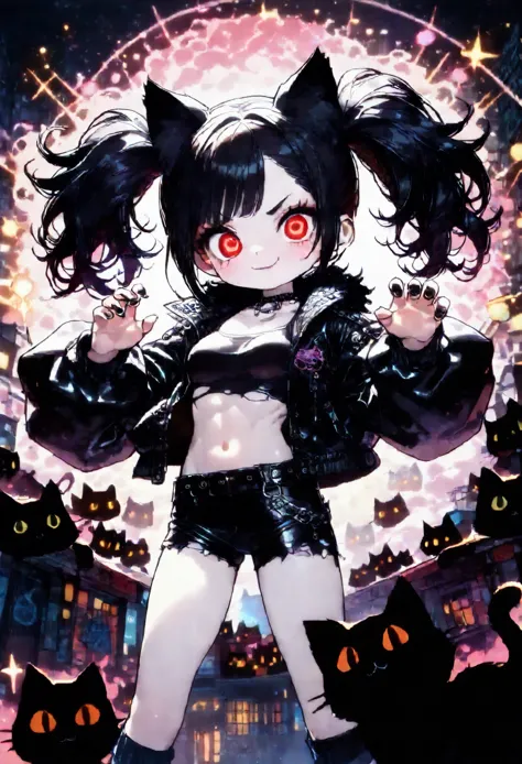 solo,1girl\(cute, kawaii, age of 12,(evil smile:1.2),(black hair:1),(long hair),(twin tails hair),pale skin, skin color blue, red eyes, eyes shining, (big eyes),(breast:1.4),(punk fashion:1.6),(ripped clothes:1.5),(tight tube top),(tight hot pants),(stomach shown:0.8),(abs:0.8),(ripped black short jacket:1.4),(fluffy black cat-ear:1.4),(dynamic pose:1.4), (spiral eye:1.4)\)),(bang:1.2)\), BREAK ,background\(outside, noisy city, backstreet, narrow street, neon lights, at night\), BREAK ,quality\(8k,wallpaper of extremely detailed CG unit, high resolution, top-quality, top-quality real texture skin, hyper realistic, increase the resolution, RAW photos, best quality, highly detailed, the wallpaper,golden ratio,high saturation realism, vibrant colors, dramatic lighting, persuasive storytelling, atmospheric scenery, captivating visuals, intricate details, strong emotions,dreamlike world\),(close up:1.0),(dynamic angle:1.2)