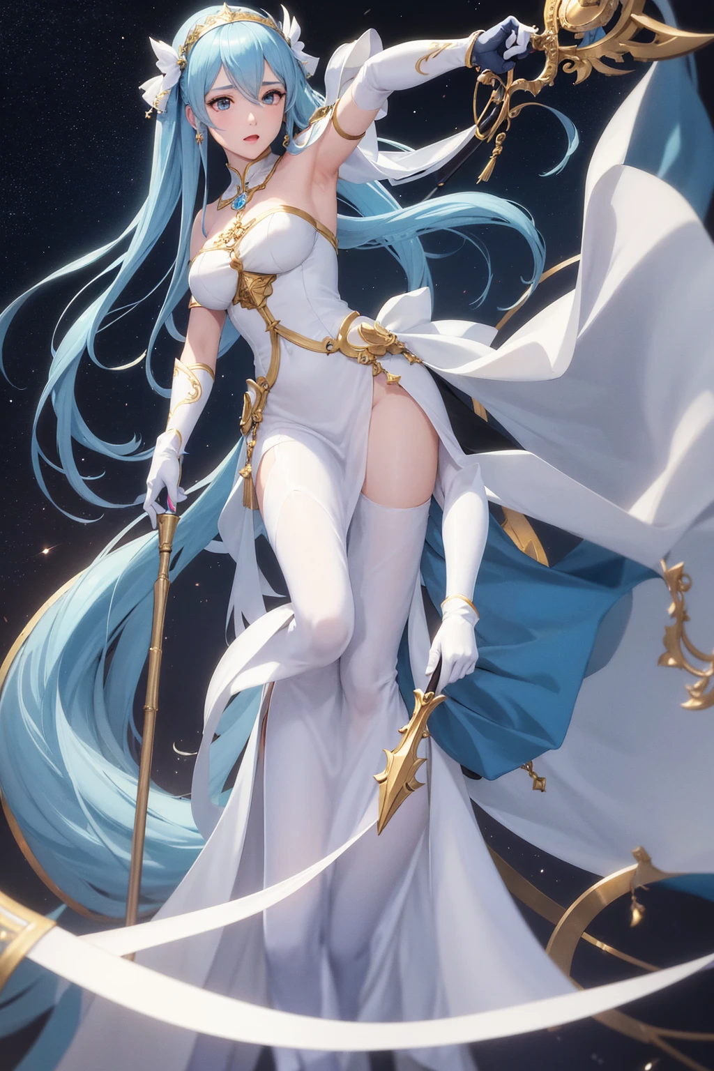 1girl, highres, masterpiece, solo, anime, absurdres, detailed face, perfect eyes, azura (fire emblem), upper body, full body, white dress, jewelry, white gloves, cityscape, holding, staff, singing